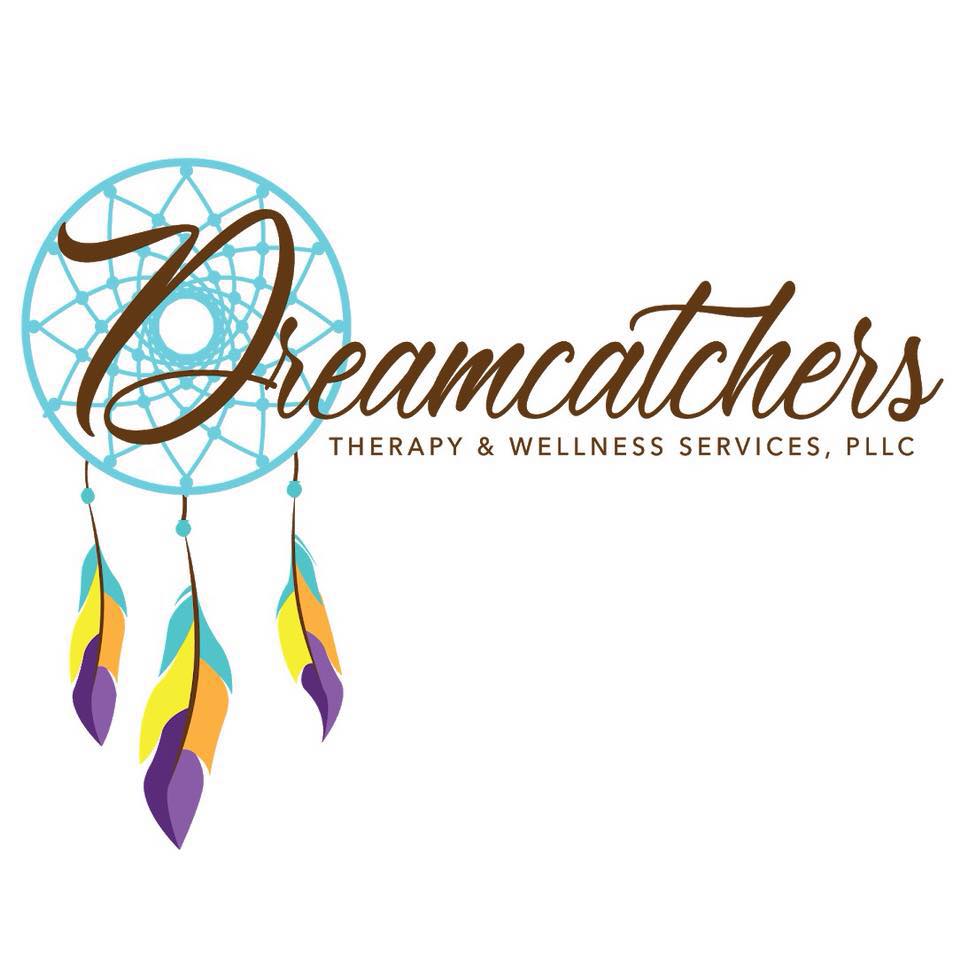 logo picture with Dreamcatcher in brown cursive writing on top of blue woven dreamcather with three feathers hanging from it